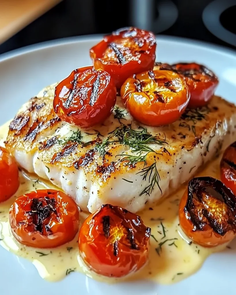 Grilled Cod with Roasted Tomatoes & Creamy Dill Sauce