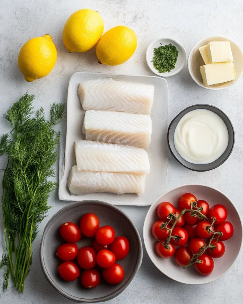 Grilled Cod with Roasted Tomatoes & Creamy Dill Sauce