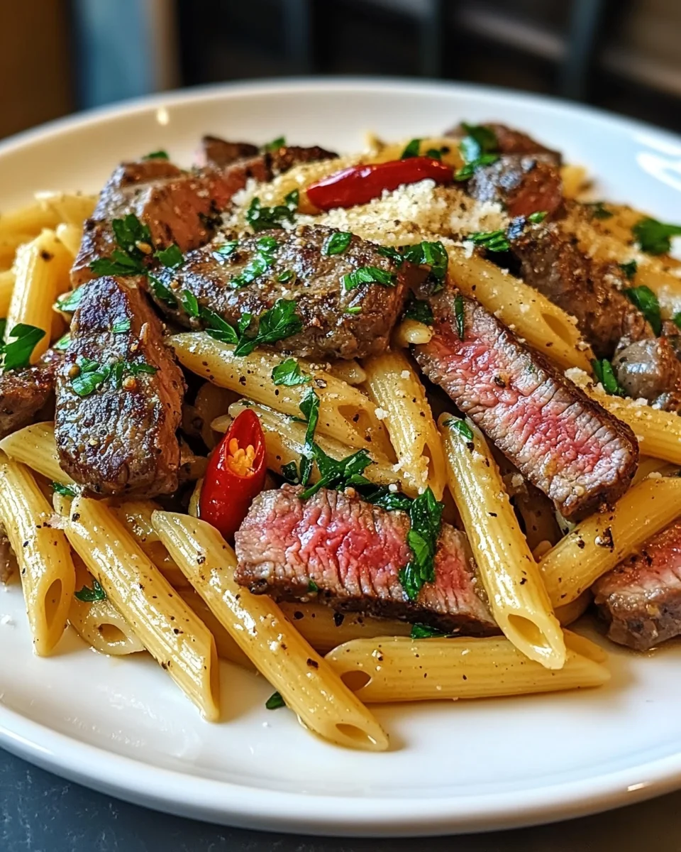 One-Skillet Spicy Garlic Butter Parmesan Steak Pasta is Amazing!
