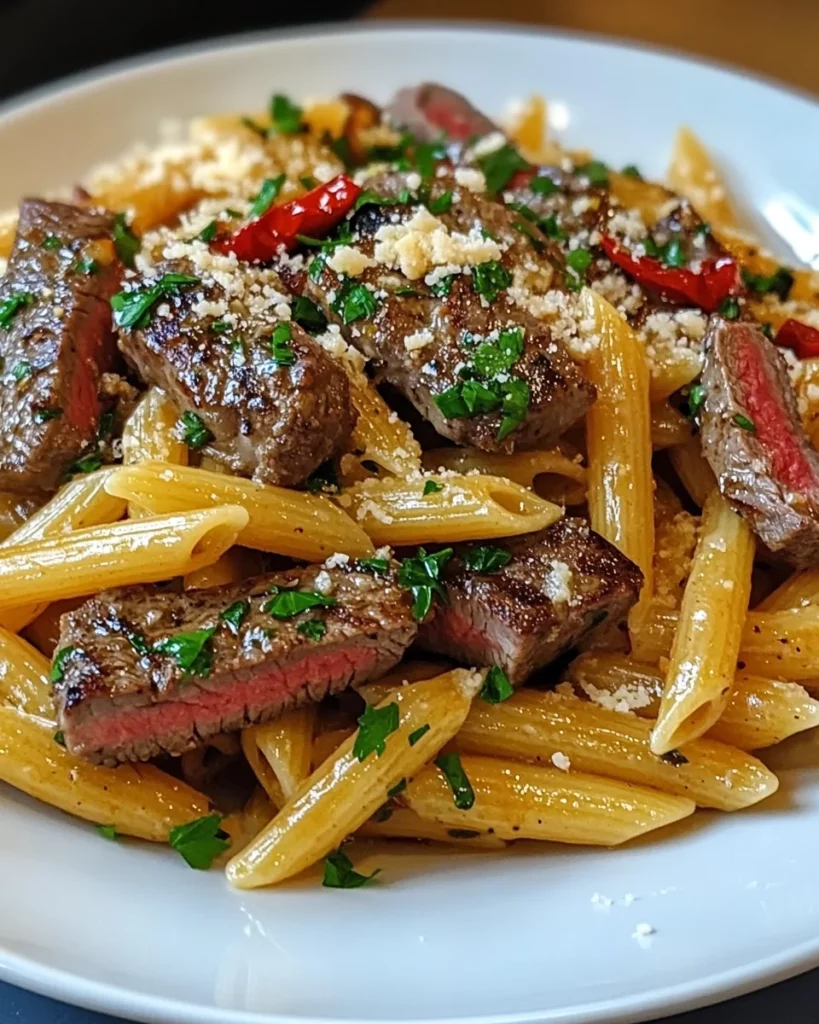 One-Skillet Spicy Garlic Butter Parmesan Steak Pasta