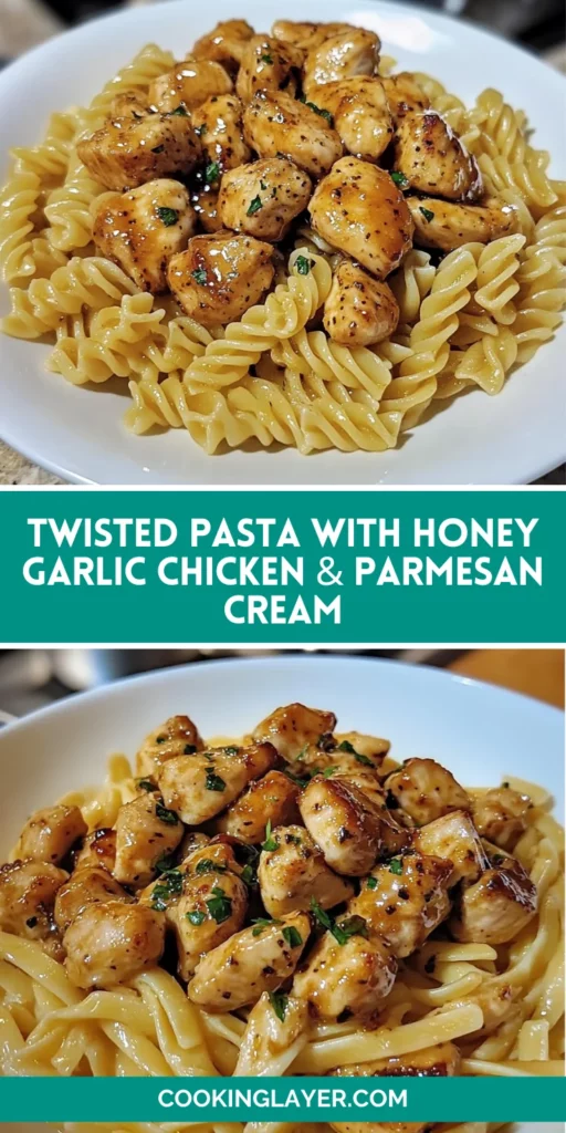 TWISTED PASTA WITH HONEY GARLIC CHICKEN & PARMESAN CREAM
