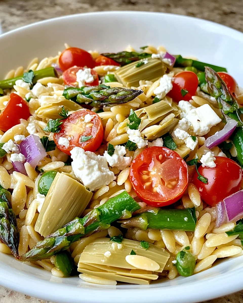 Orzo salad with asparagus, artichoke hearts & feta is delightful!