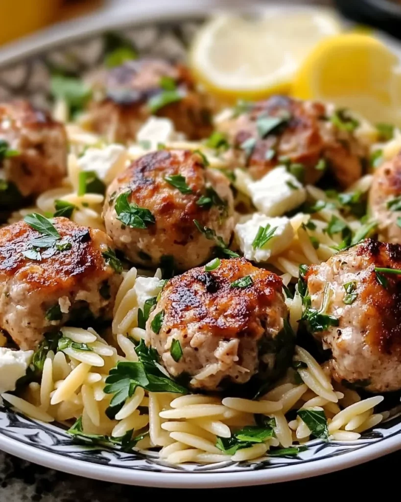 Greek Chicken Meatballs with Lemon Orzo