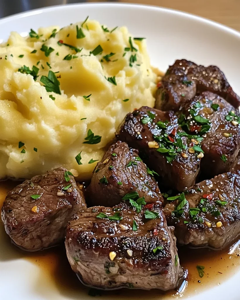 Garlic Parmesan Steak Bites with Mashed Potatoes