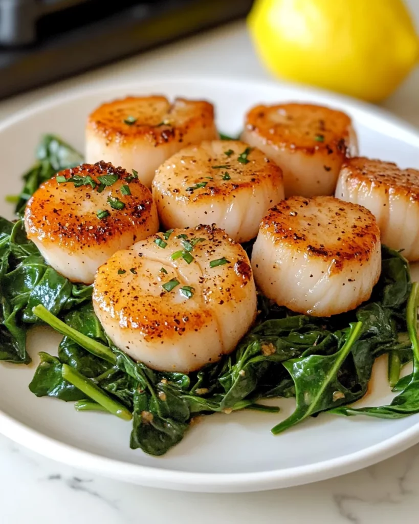 Tasty Seared Scallops Over Wilted Spinach