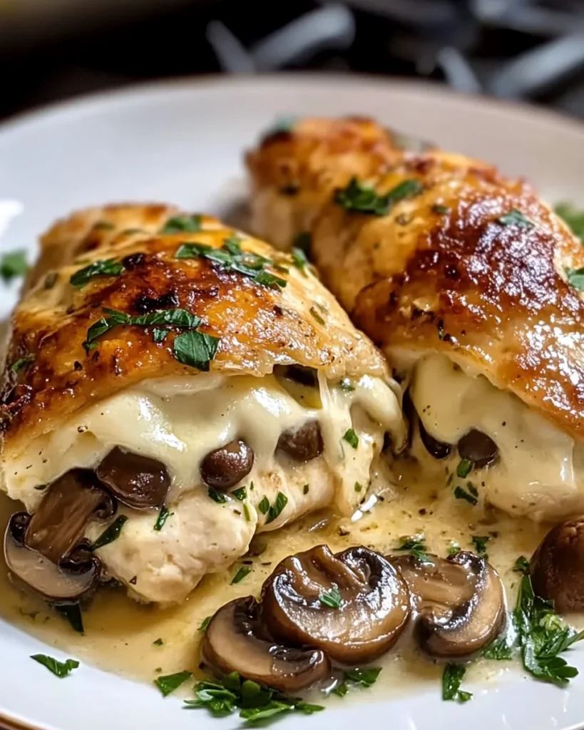 Garlic Butter Mushroom Stuffed Chicken with Creamy Parmesan Sauce
