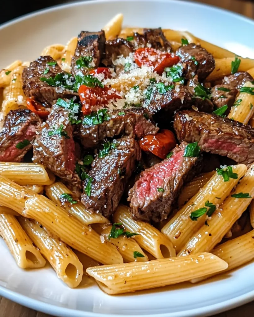 one-skillet spicy garlic butter parmesan steak pasta