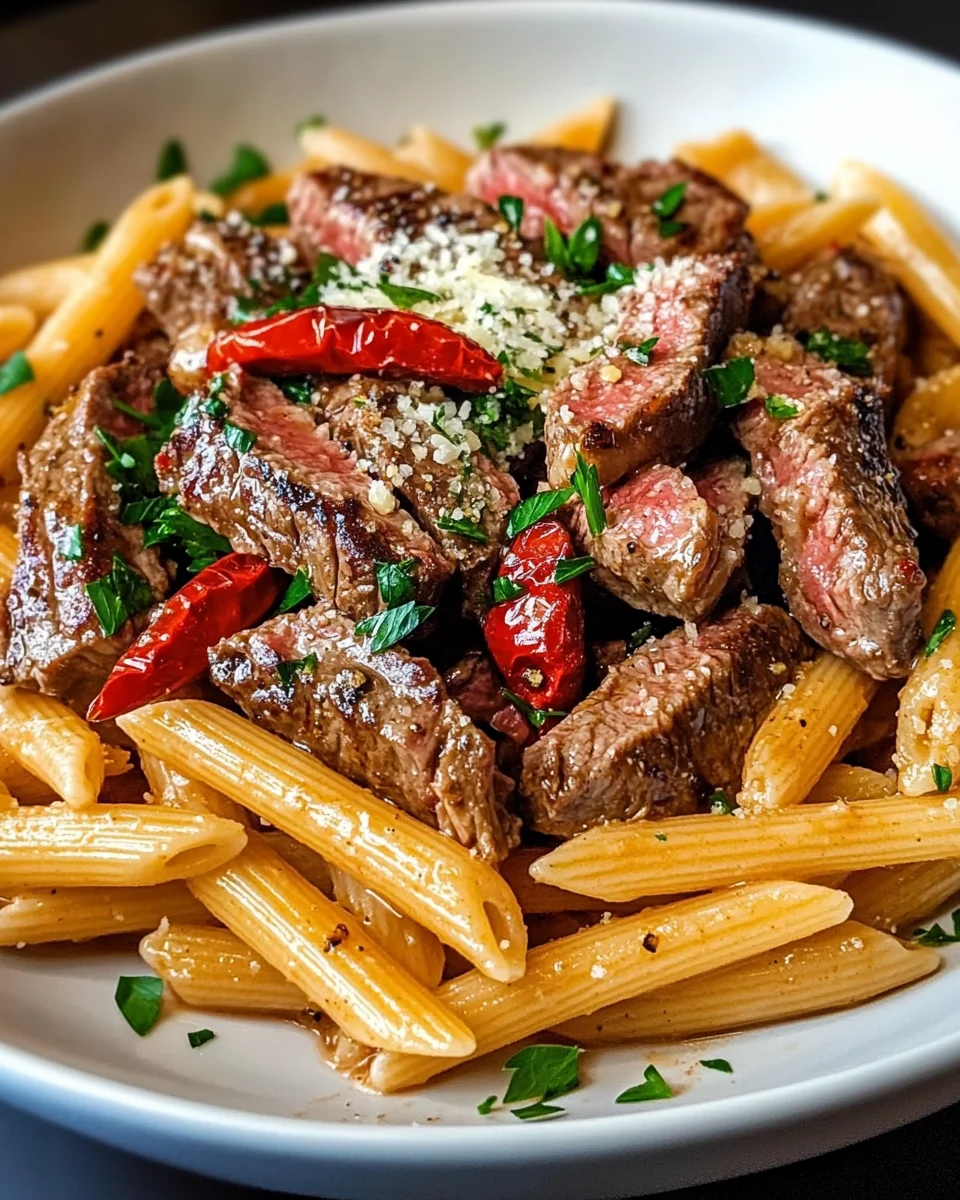 One-skillet spicy garlic butter parmesan steak pasta is divine!
