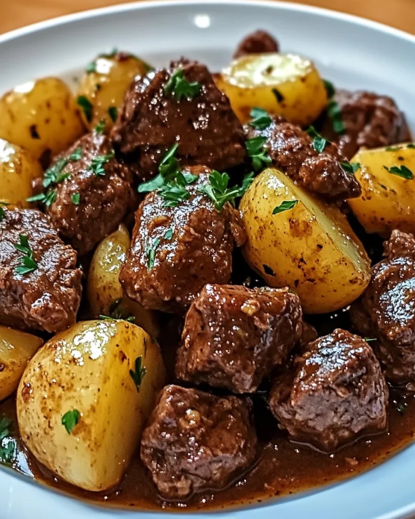 Slow Cooker Garlic Butter Beef Bites & Potatoes