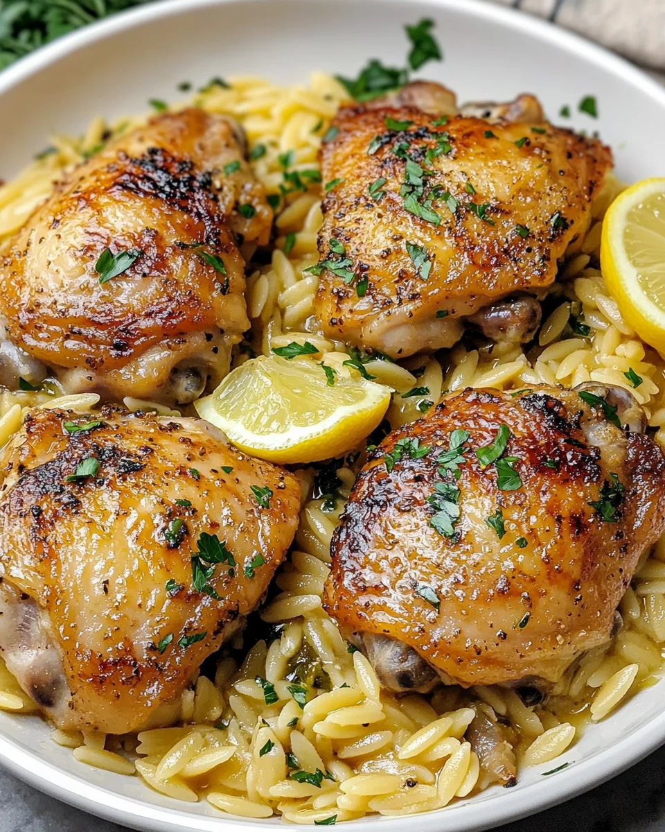 One Pan Lemon Garlic Chicken Thighs with Orzo Delight!