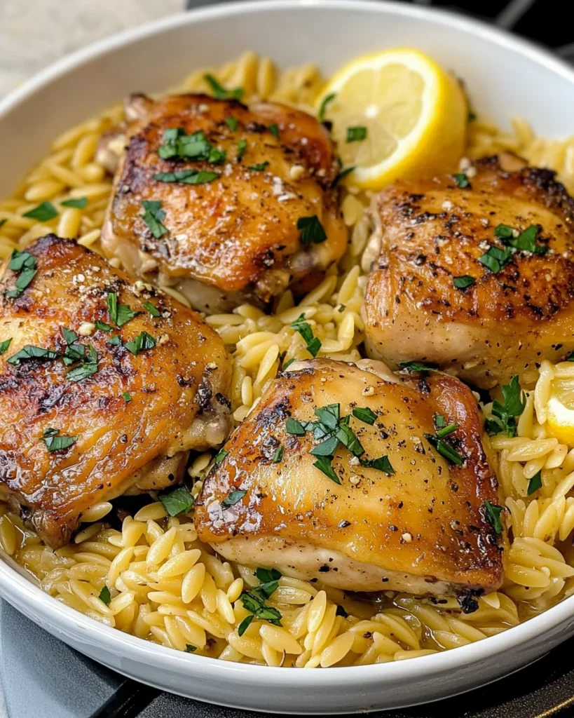 One Pan Lemon Garlic Chicken Thighs with Orzo