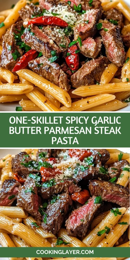 one-skillet spicy garlic butter parmesan steak pasta