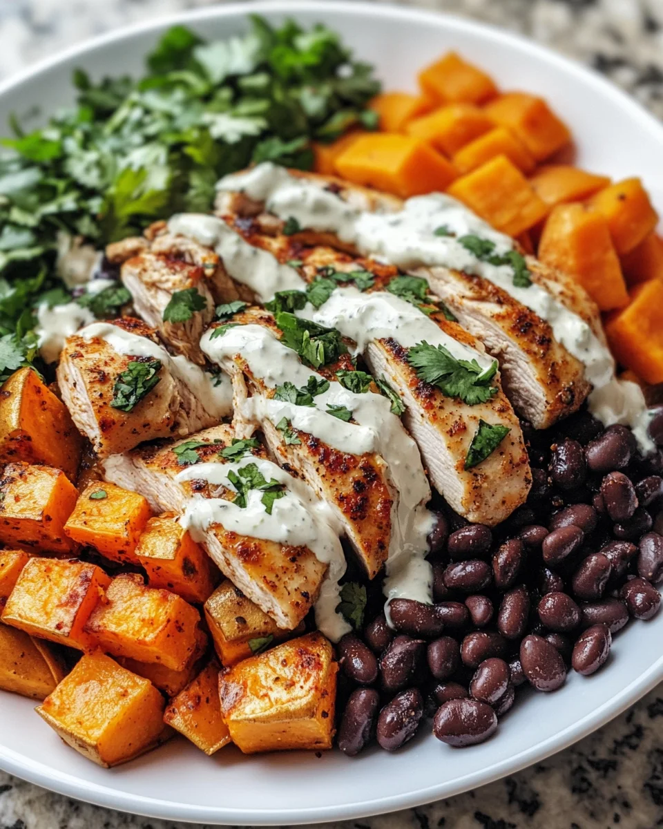 Chipotle Chicken Bowl with Black Beans, Sweet Potatoes, and Cilantro Lime Sauce is a must-try!