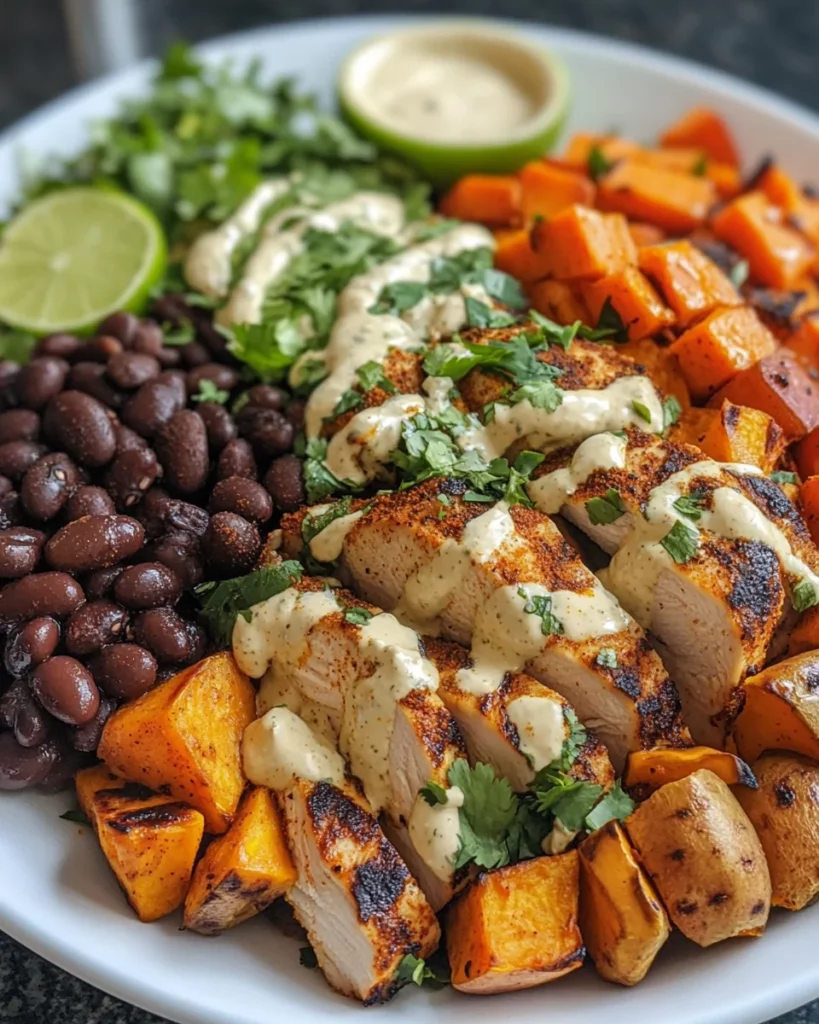 Chipotle Chicken Bowl with Black Beans, Sweet Potatoes, and Cilantro Lime Sauce