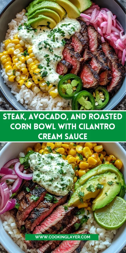 Steak, Avocado, and Roasted Corn Bowl with Cilantro Cream Sauce