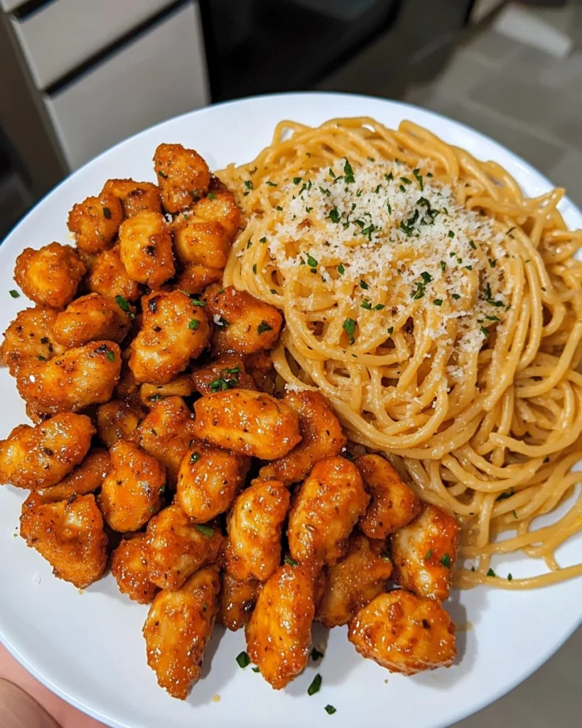 Garlic Butter Chicken Bites with Savory Creamy Parmesan Pasta