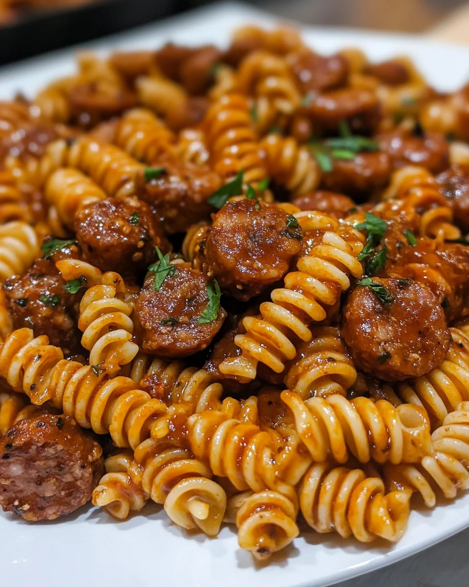 One-Skillet Spicy Honey BBQ Sausage & Pasta delights quickly!