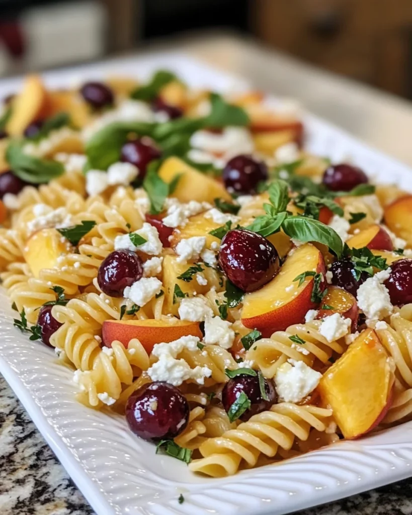 Summer Pasta Salad with Peaches, Cherries, and Feta Bliss