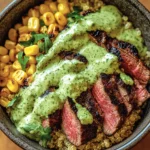 Steak Avocado Roasted Corn Bowl with Cilantro Cream Sauce
