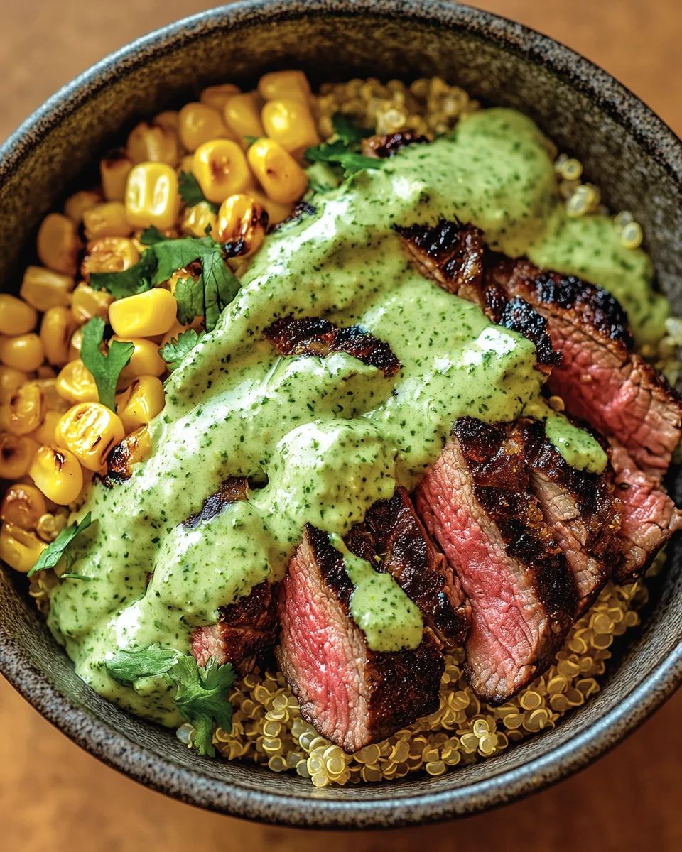 Steak Avocado Roasted Corn Bowl with Cilantro Cream Sauce