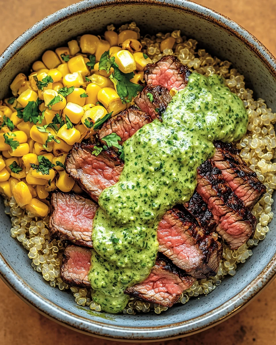 Steak Avocado Roasted Corn Bowl with Cilantro Cream Sauce