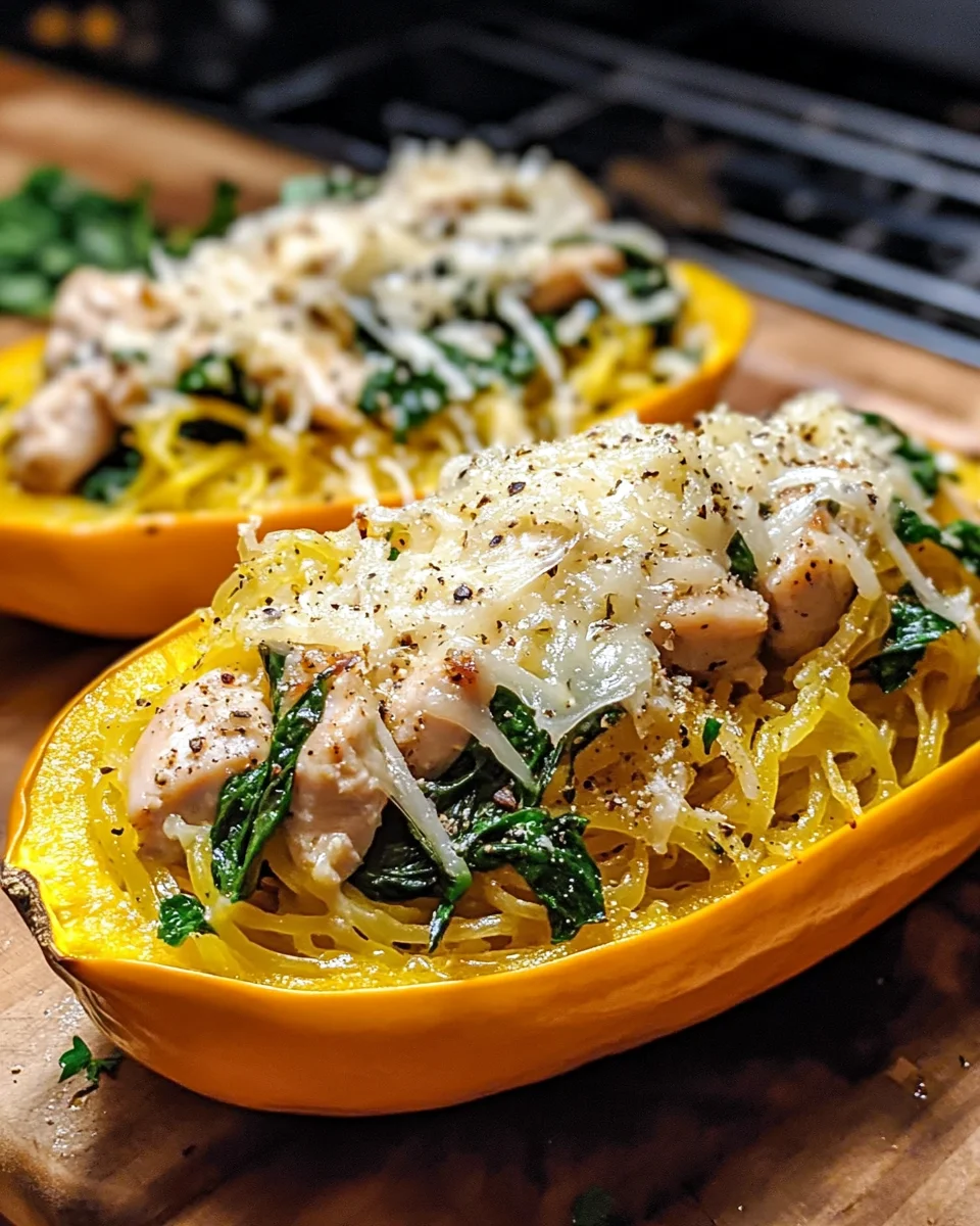 Garlic Parmesan Stuffed Spaghetti Squash with Chicken and Spinach