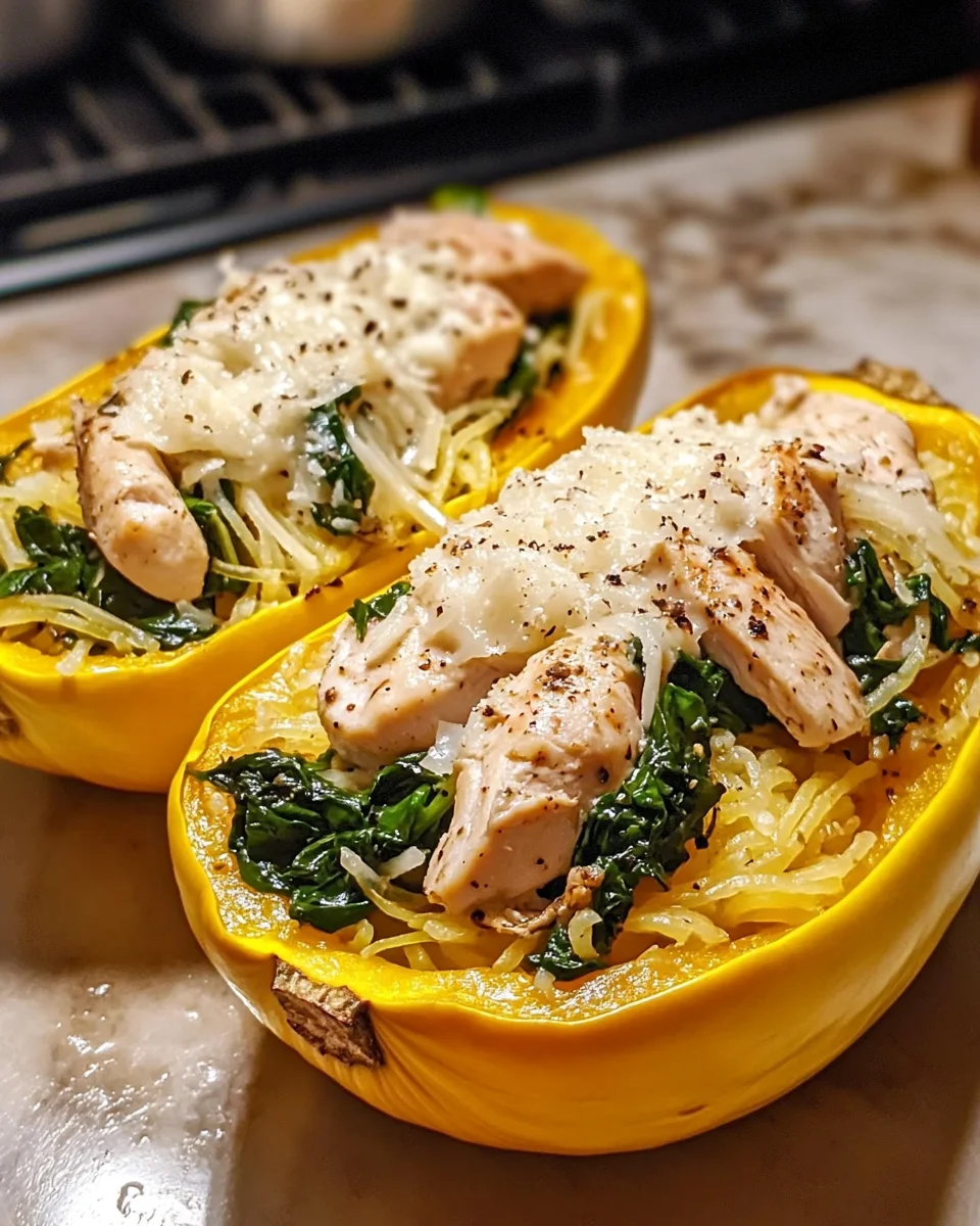 Garlic Parmesan Stuffed Spaghetti Squash with Chicken and Spinach
