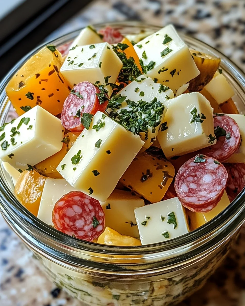 Marinated Cheese Appetizer with Salami & Pickles