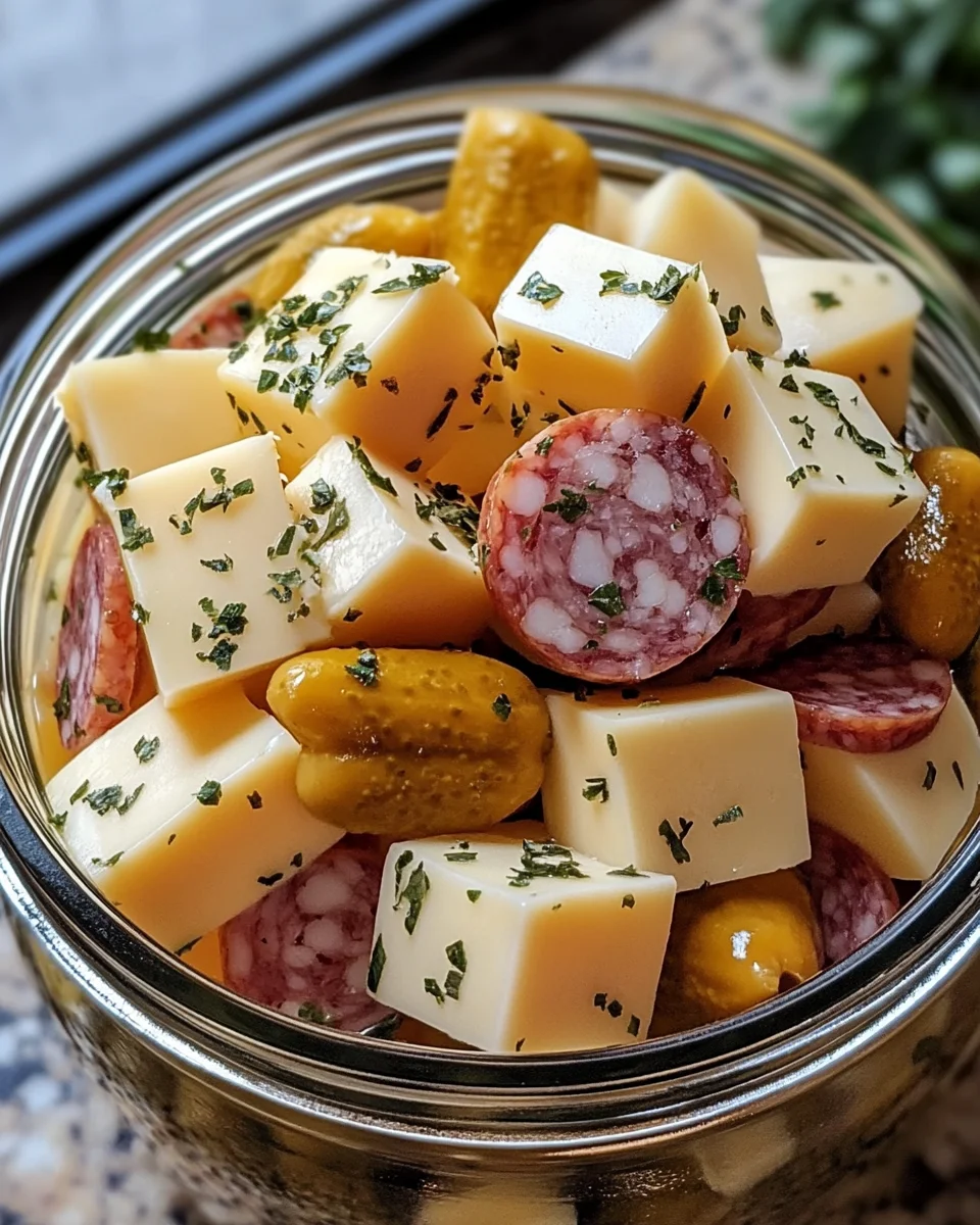 Marinated Cheese Appetizer with Salami & Pickles