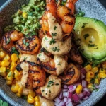 Grilled Shrimp Bowl with Avocado Corn Salsa Creamy Sauce