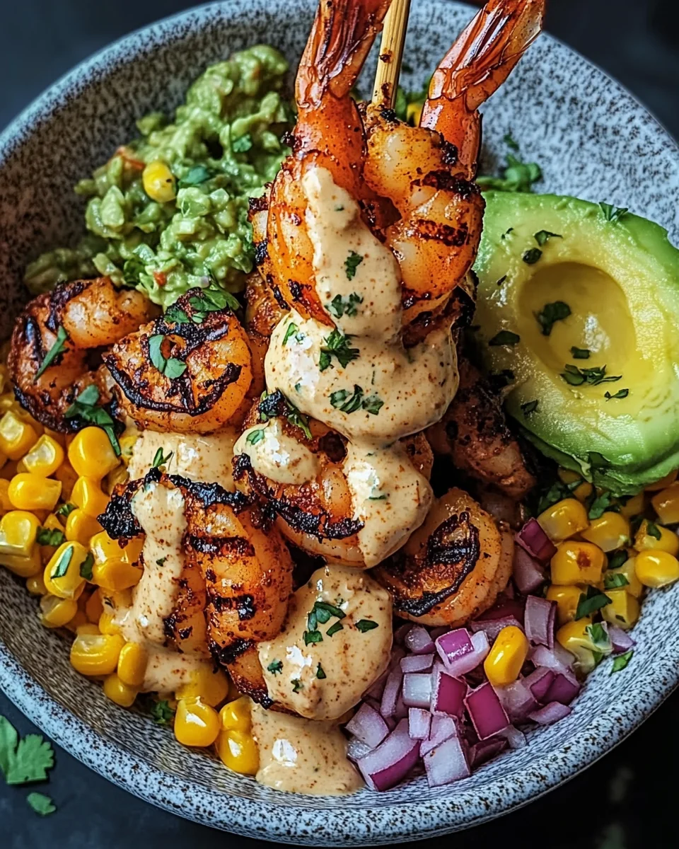 Grilled Shrimp Bowl with Avocado Corn Salsa Creamy Sauce