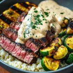 Grilled Steak Bowl with Creamy Sauce & Grilled Zucchini is Irresistible!