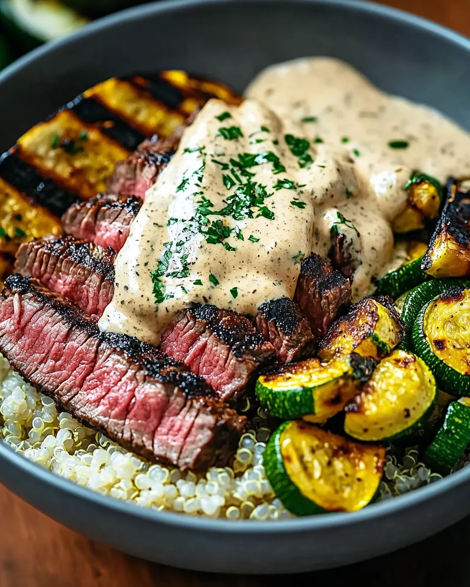 Grilled Steak Bowl with Creamy Sauce & Grilled Zucchini is Irresistible!