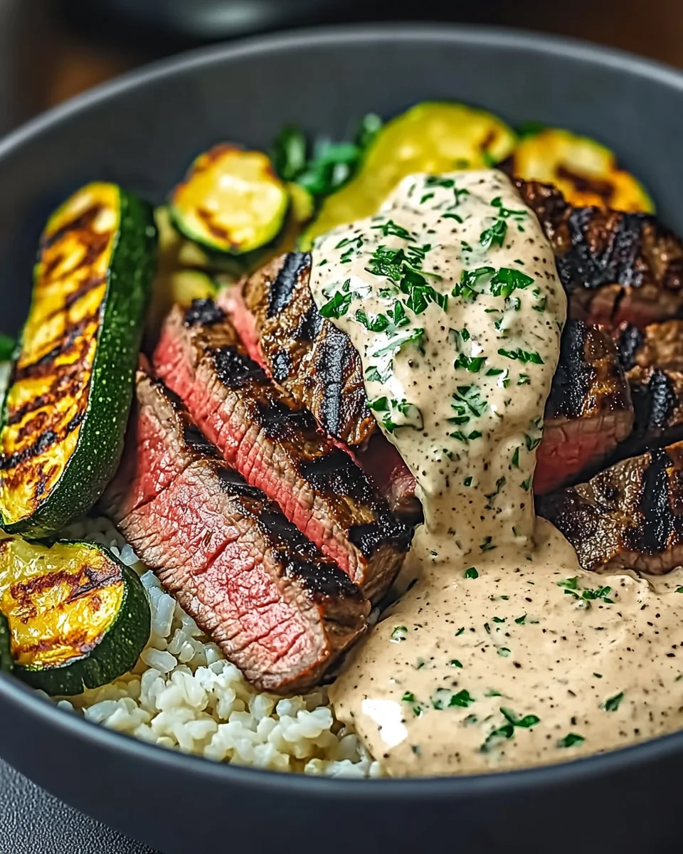 Grilled Steak Bowl with Creamy Sauce & Grilled Zucchini is Irresistible!