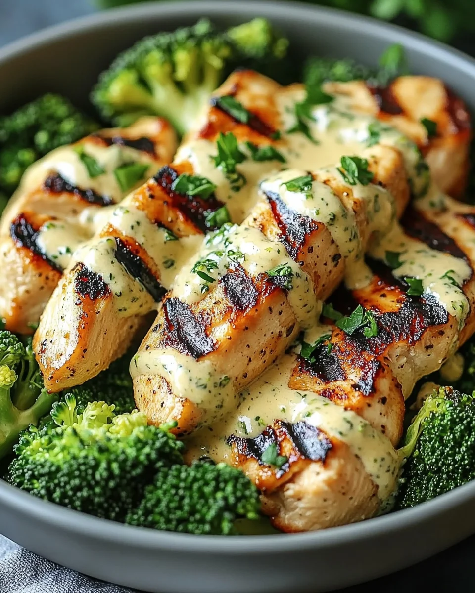 Grilled Chicken & Broccoli Bowls with Creamy Garlic Sauce