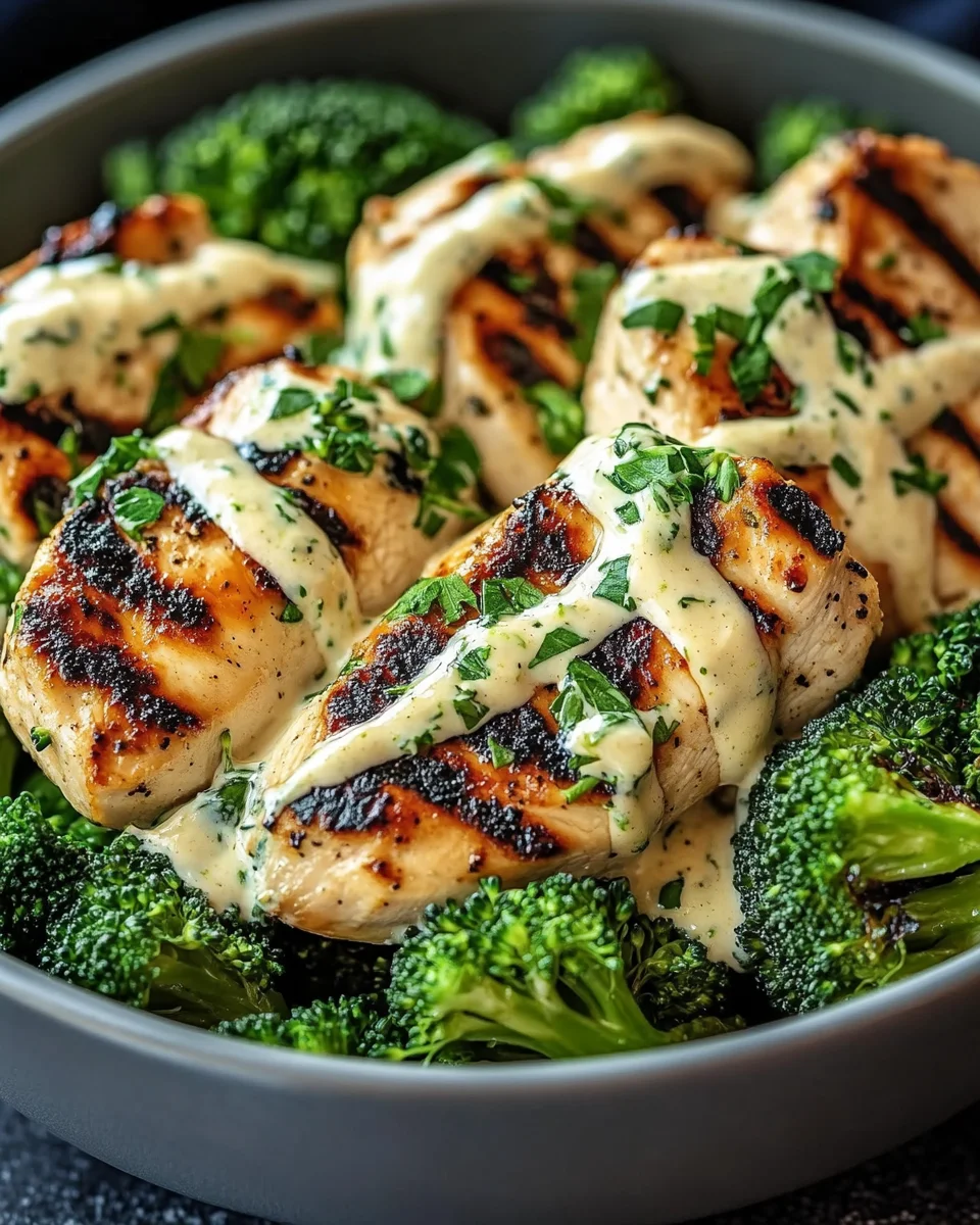 Grilled Chicken & Broccoli Bowls with Creamy Garlic Sauce