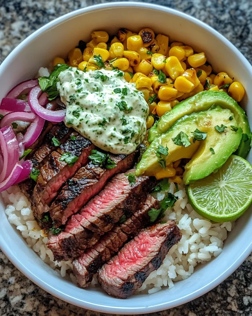 Steak, Avocado, and Roasted Corn Bowl with Cilantro Cream Sauce