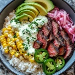 Steak, Avocado, and Roasted Corn Bowl with Cilantro Cream Sauce