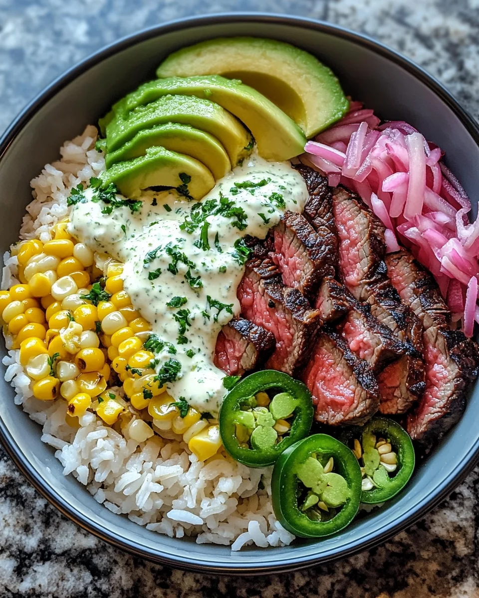 Steak, Avocado, and Roasted Corn Bowl with Cilantro Cream Sauce