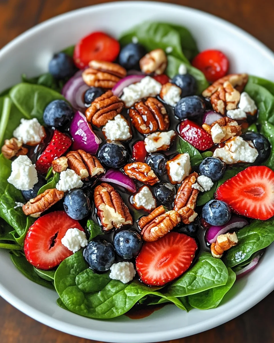 Berry Spinach Salad with Pecans, Feta, and Balsamic Glaze