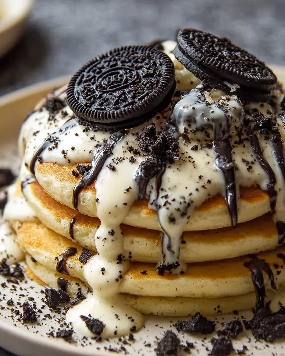 Oreo Pancakes with Cream Cheese Drizzle