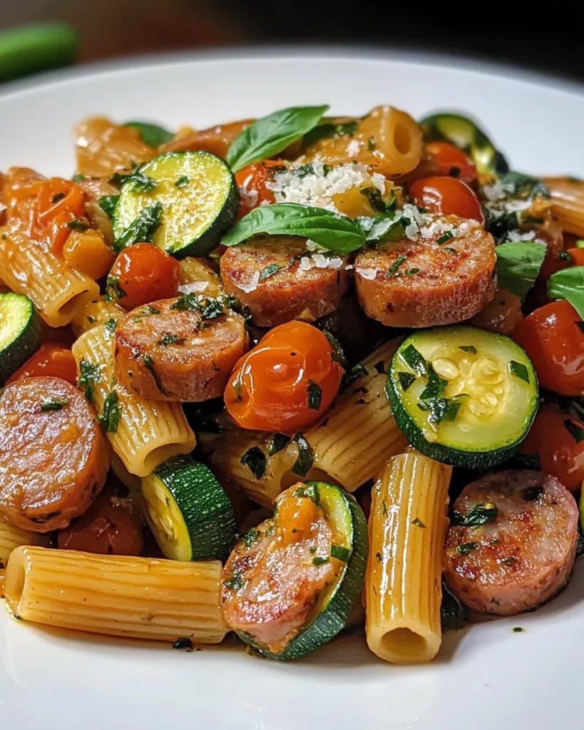 Chicken Sausages with Zucchini, Tomatoes, and Pasta