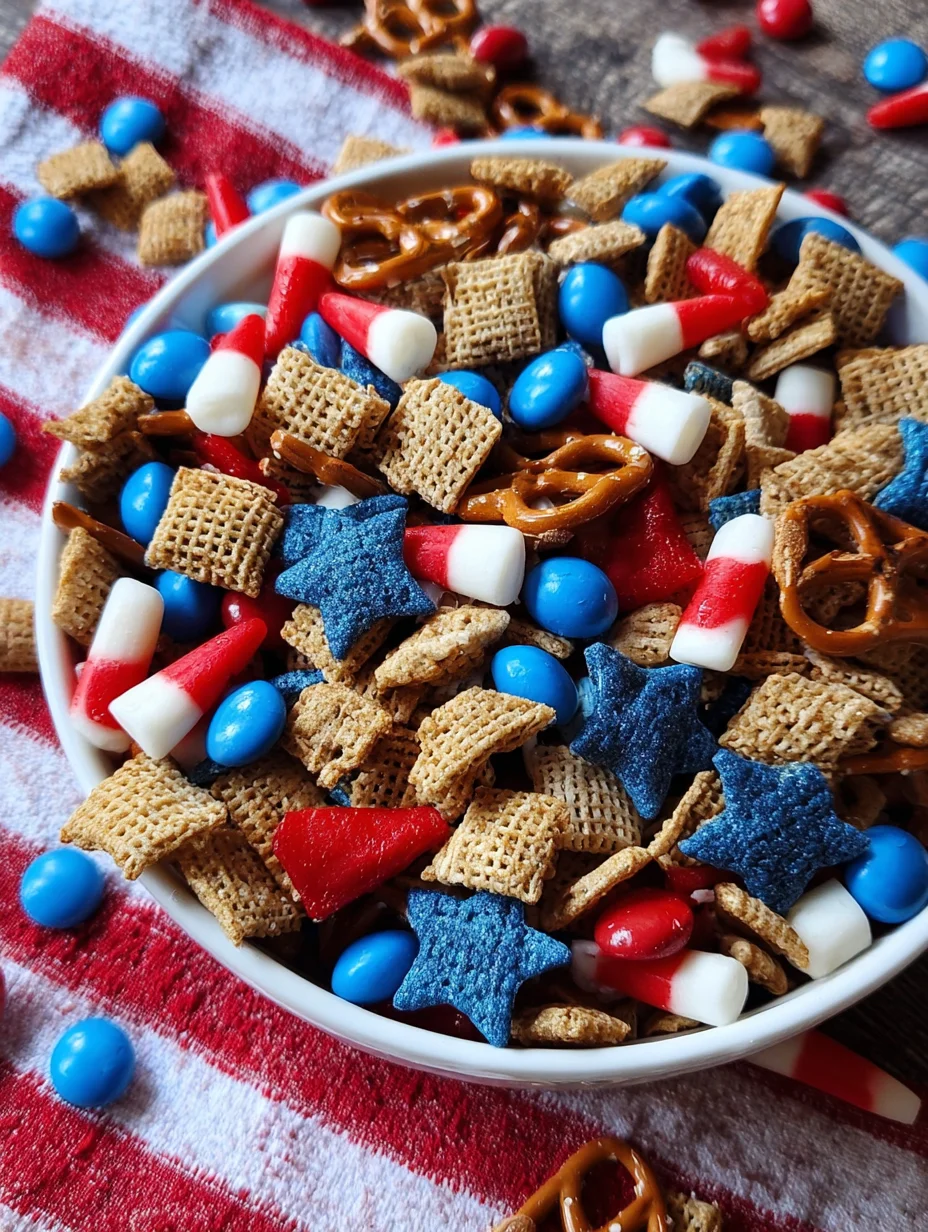 Red, white, and blue snack mix