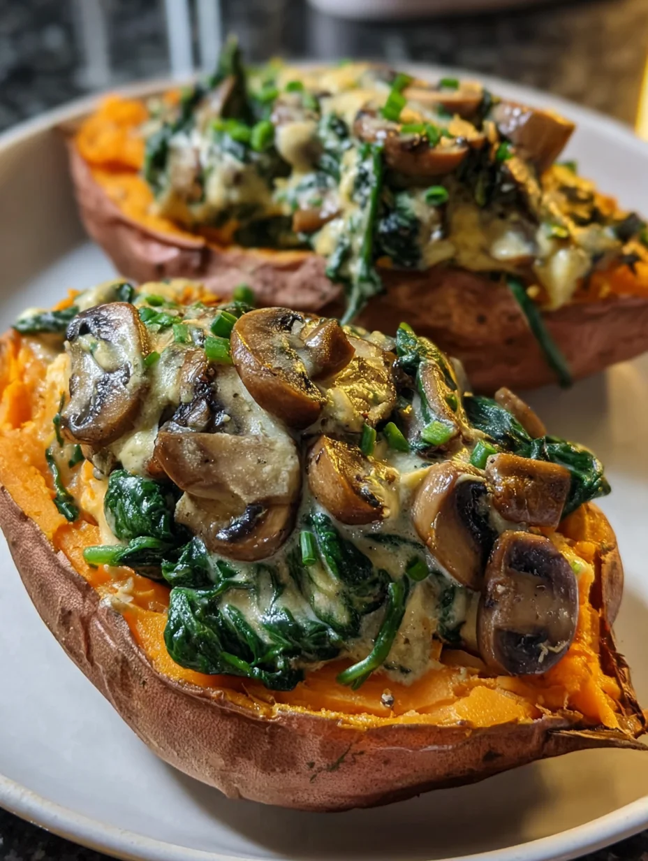 Creamy Mushroom and Spinach Stuffed Sweet Potatoes