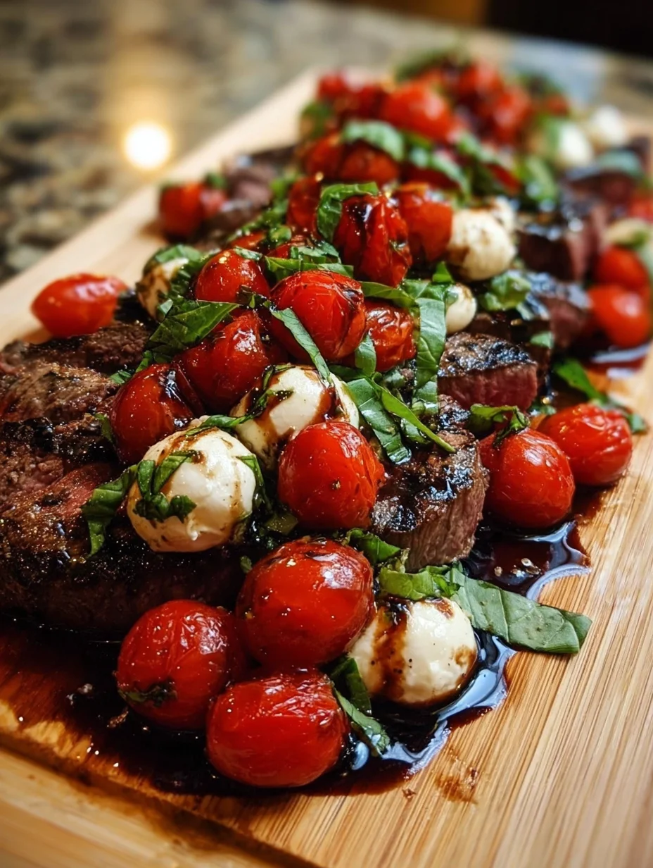 Grilled Balsamic Steak Caprese with Mozzarella, Tomatoes, and Basil