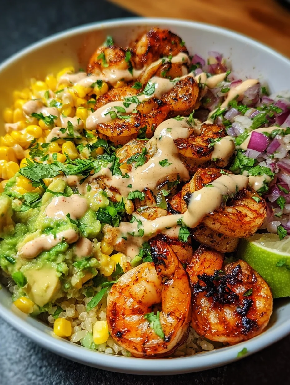 Grilled Shrimp Bowl with Avocado, Corn Salsa & Creamy Sauce for a Flavorful Meal!