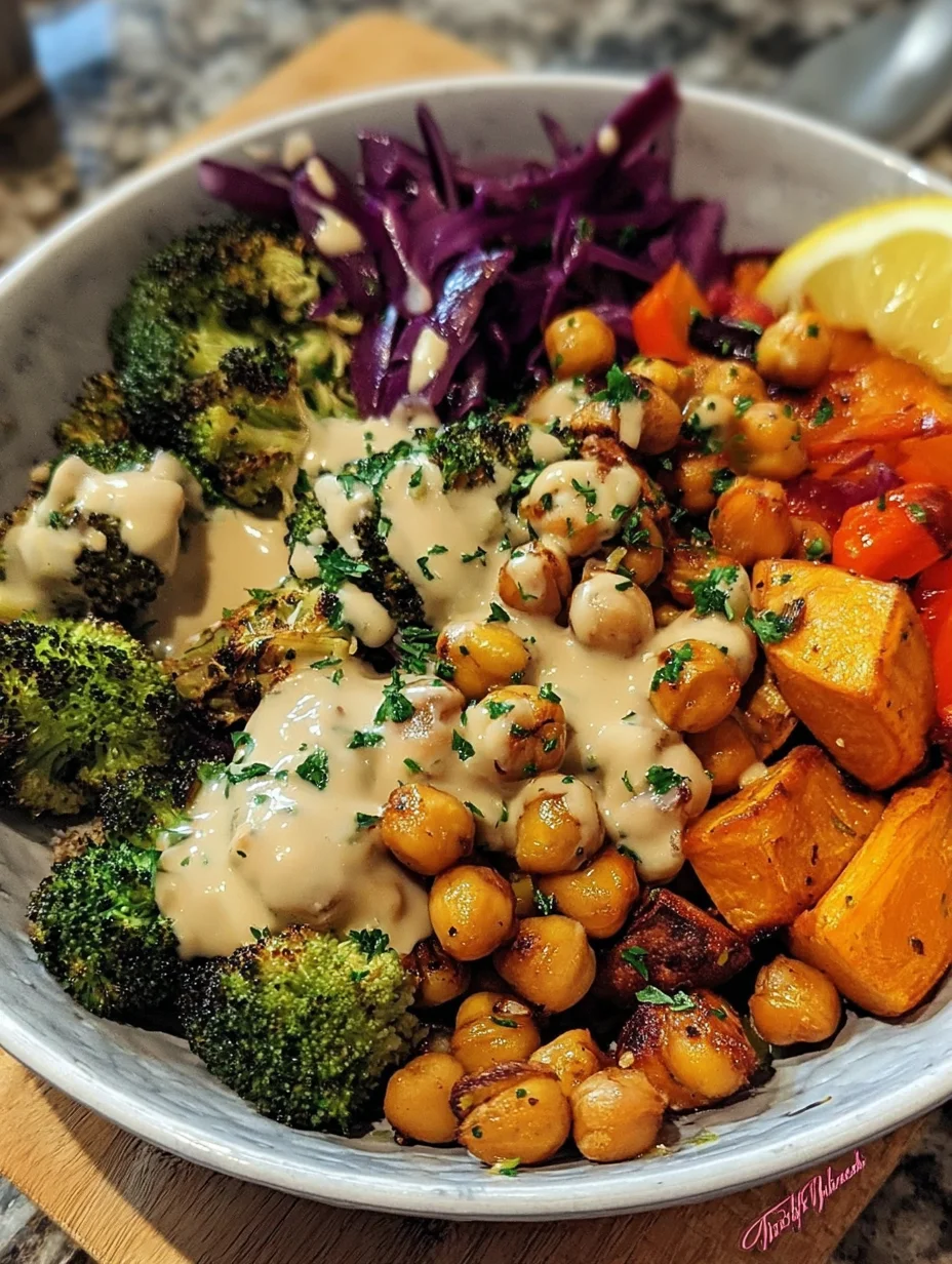 Roasted Veggie & Chickpea Bowls with Maple Dijon Tahini Dressing are a must-try!