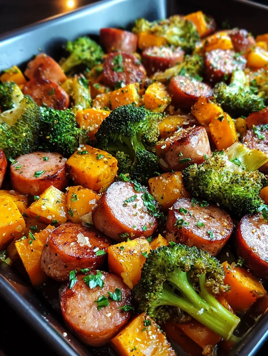 Sheet pan sausage and sweet potatoes with honey garlic sauce