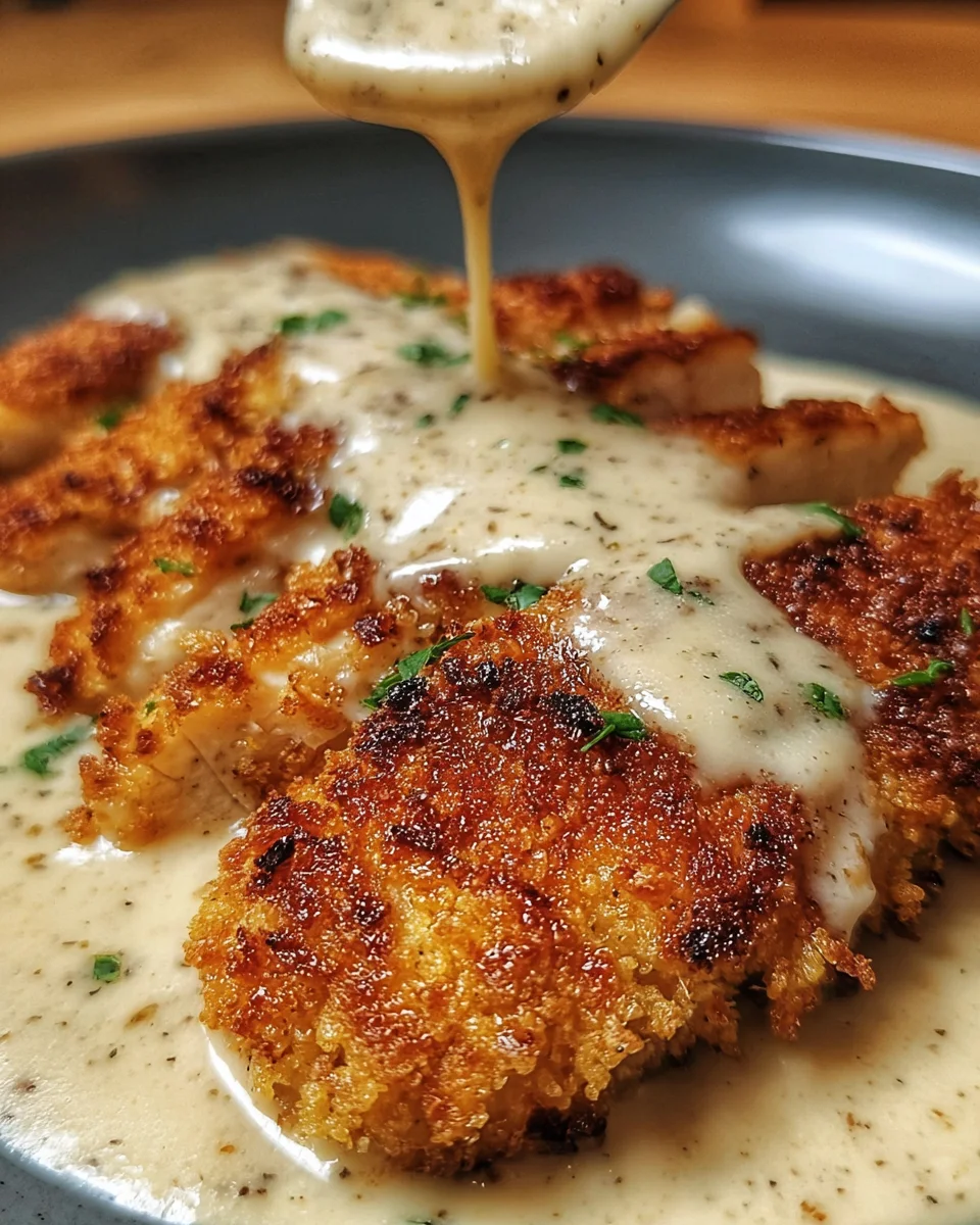 Parmesan Crusted Chicken with Creamy Garlic Sauce delights!