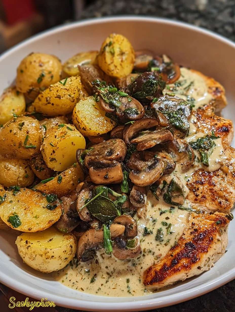 Chestnut Garlic Greek Chicken Alfredo with Sage Potatoes & Mushroom Basil Pesto Cream